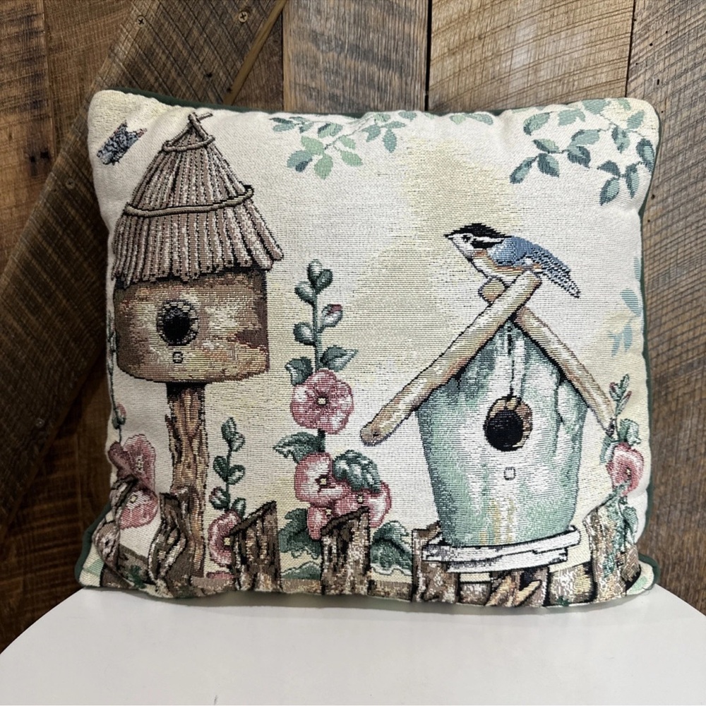 Floral Hollyhock Birdhouse Bluebird Tapestry Decorative Pillow Green 16x16